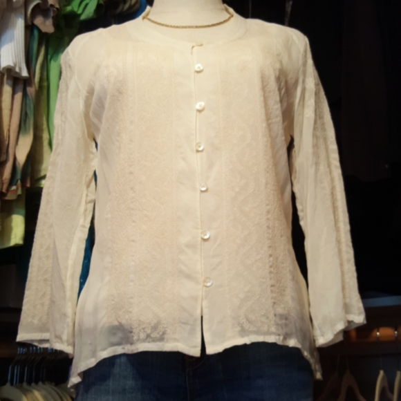 J.JILL ♡ Vintage Elegant Sheer Ivory Intricate Detailed Embroidery Blouse XS - Picture 6 of 17